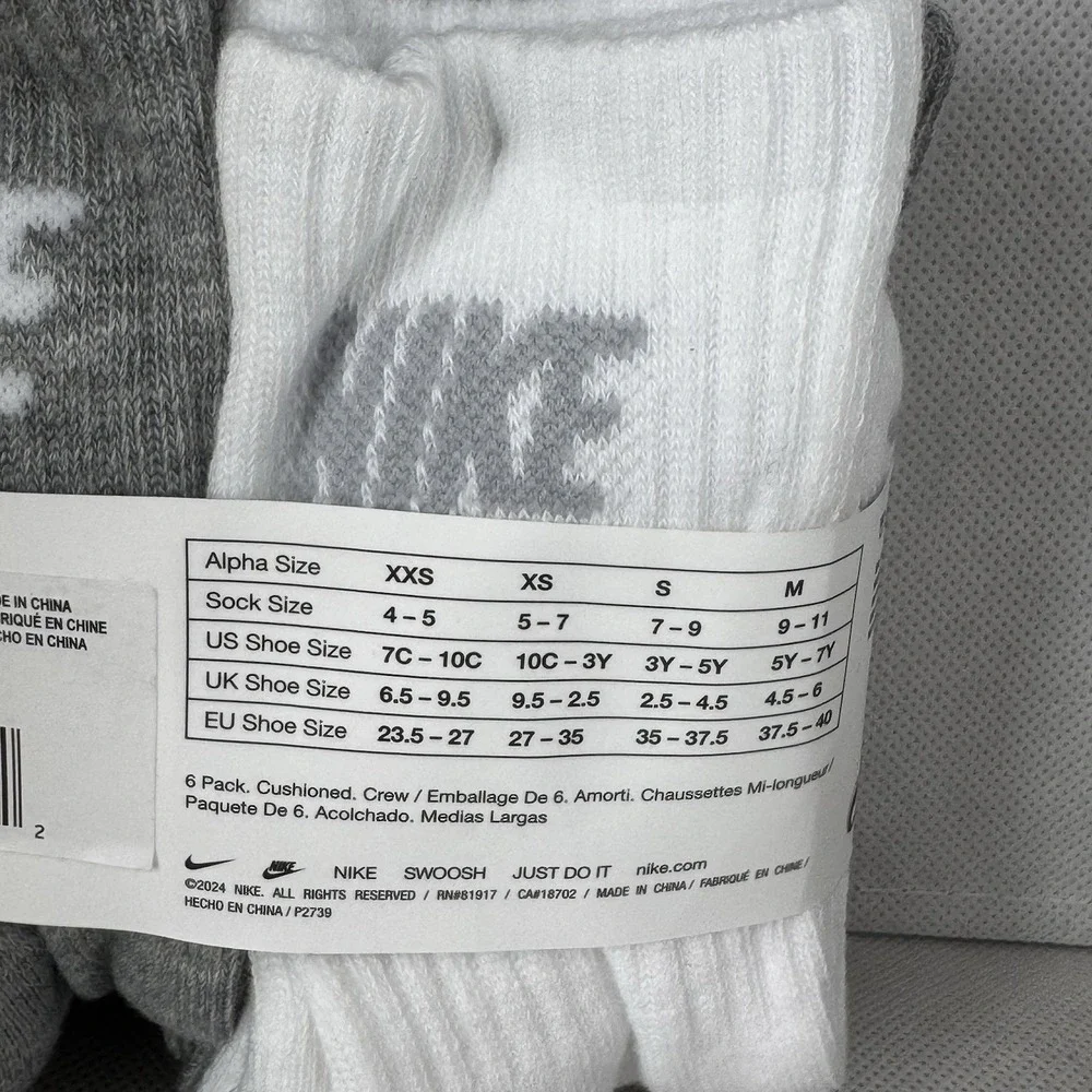 Nike Kids Crew Socks 6 Pack White Grey Cushioned Size 7C-10C BN0509-001 NEW